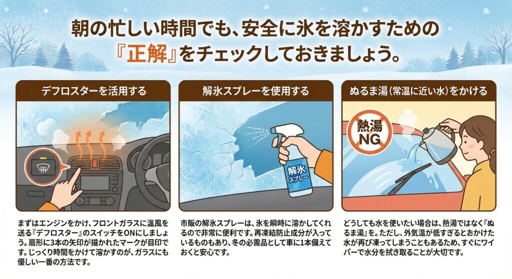 車のフロントガラスの氷を溶かす3つの方法：デフロスター、解氷スプレー、ぬるま湯のかけ方（熱湯NG）