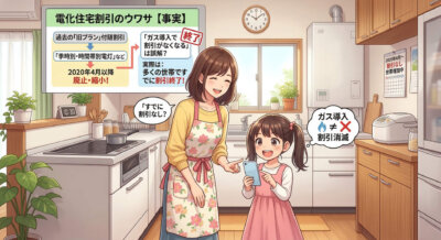 母親と娘がキッチンでスマホを見ながら電化住宅割引について話している。画面には割引に関する情報が表示されている。