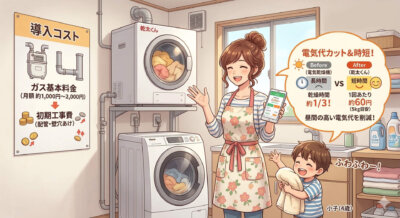 ガス衣類乾燥機「乾太くん」の省エネ効果と時短効果を説明する母親と息子