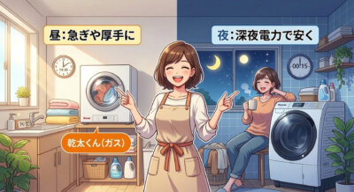 昼はガス乾燥機、夜は深夜電力で洗濯。賢い洗濯方法を提案するイラスト。