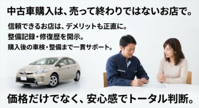 中古車販売店で、男性スタッフと女性客が書類を見ながら商談している様子。車の整備記録や購入後のサポートを説明している。