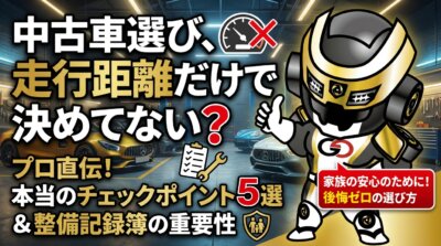 中古車選びのチェックポイントと整備記録簿の重要性を解説するイラスト