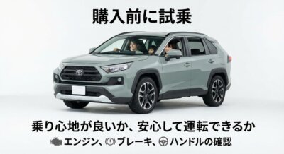 家族で試乗している灰色のSUV。購入前に乗り心地や安全性を確認しよう。