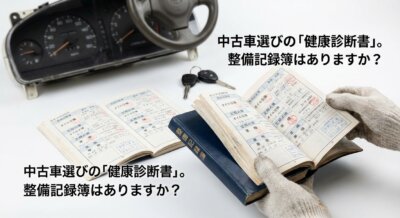 中古車の整備記録簿と車のメーターパネル、キーが写っている画像