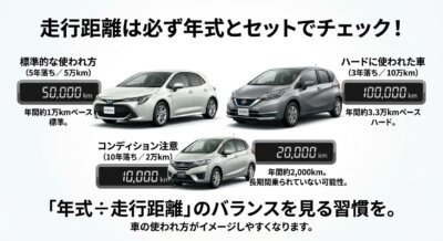 車の年式と走行距離のバランス比較。標準、ハード、注意の3パターンの車の例と走行距離が表示されている。