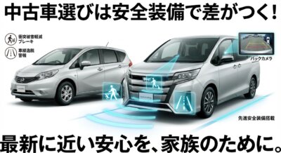 中古車に搭載された衝突被害軽減ブレーキ、車線逸脱警報、バックカメラなどの安全装備のイラストと、それをアピールするキャッチコピー
