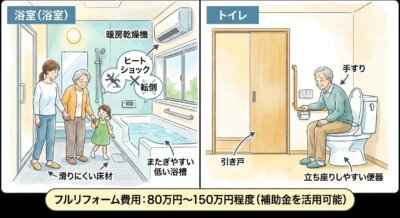 高齢者向けの浴室とトイレのリフォーム例。手すり、滑りにくい床、安全な浴槽、便器などが描かれている。