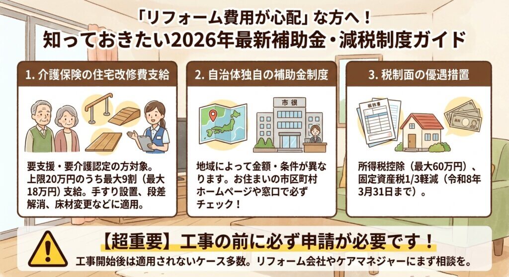 2026年最新のリフォーム補助金・減税制度を解説するイラストガイド。介護保険、自治体制度、税制優遇の3項目を掲載。