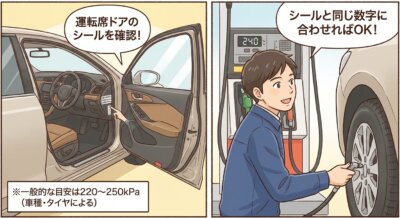 車の運転席ドアのシールで推奨空気圧を確認し、ガソリンスタンドで給油機を操作して合わせる男性