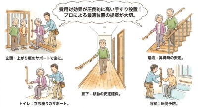 高齢者向けの住宅改修、玄関・廊下・階段・トイレ・浴室への手すり設置例