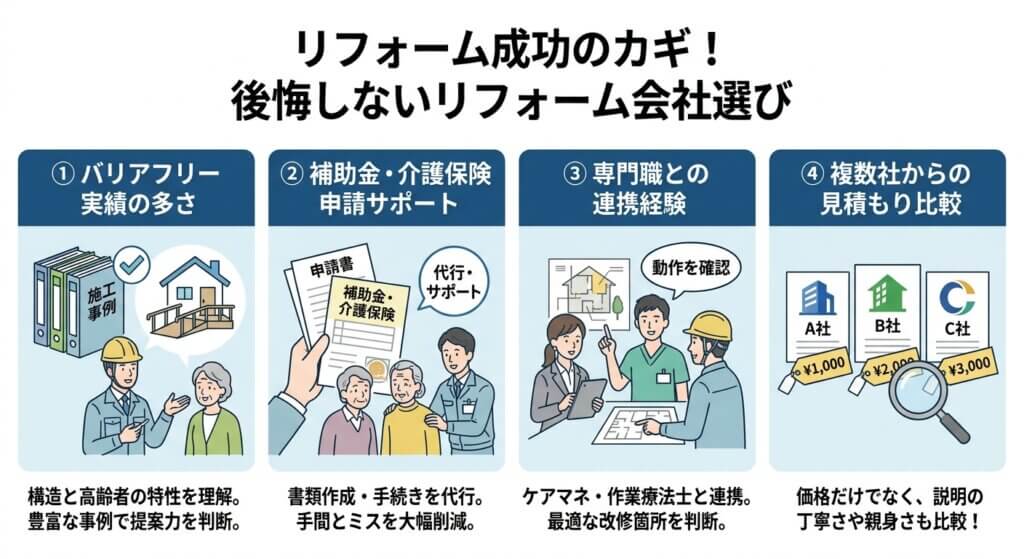 リフォーム会社選びの4つのポイント：実績、申請サポート、専門職連携、見積もり比較