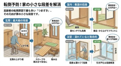 高齢者の転倒予防のため、玄関、敷居、浴室の段差解消リフォーム例を示すイラスト