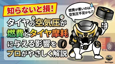 タイヤの空気圧が燃費と摩耗に与える影響を解説するイラスト
