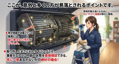 分解されカビだらけのエアコン内部を、女性清掃員が懐中電灯で点検しているイラスト。