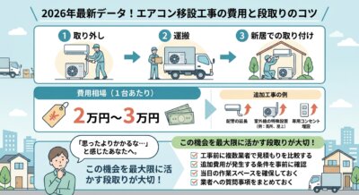 エアコン移設工事の費用相場と、取り外し、運搬、取り付けのステップ、追加工事例、段取りのコツを解説するインフォグラフィック。