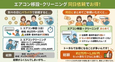 エアコン移設とクリーニングを同日依頼すると費用が安くなることを比較説明するイラスト。