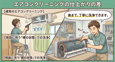 エアコンの通常清掃と分解清掃の仕上がりの違いを比較するイラスト。