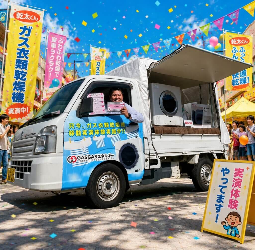 ガス衣類乾燥機を積んだトラックから笑顔の男性がピンクのカードを掲げ、イベント会場で実演している様子。