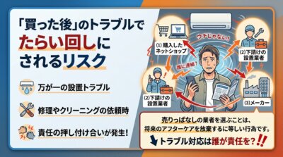 購入後の製品トラブルで、販売店・業者・メーカー間で責任を押し付け合い、たらい回しにされる男性のイラスト。