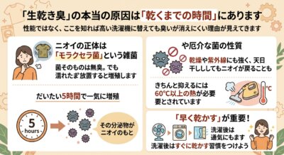 生乾き臭の原因はモラクセラ菌で、早く乾かす対策を解説する図。