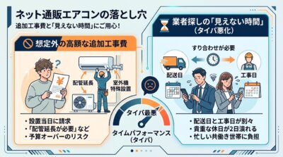 ネット通販エアコンの追加工事費と日程調整の煩雑さを説明するインフォグラフィック