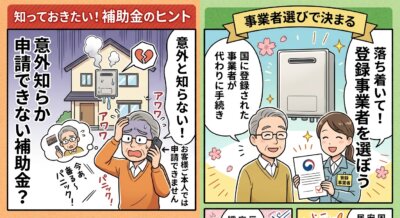 エコキュートの補助金申請は国に登録された事業者が代行する仕組みを説明するイラスト