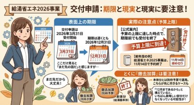 給湯省エネ2026事業の申請受付期間と、予算上限により早期終了するイメージ図