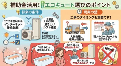 お湯が出ない状態では補助金対象のエコキュート機種も工事日も選べないことを表すイラスト