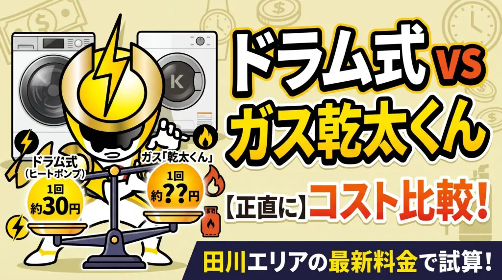 ドラム式ヒートポンプ乾燥機とガス乾燥機のコスト比較を示す広告画像。