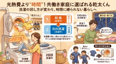 ガス衣類乾燥機「乾太くん」の広告。洗濯の時短、雨の日の乾燥、泥汚れ対応で共働き家庭の家事を助けるイラスト。