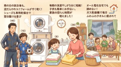泥だらけのユニフォームもすっきり乾き、家族で洗濯物を畳んで雨の日もリビングでくつろぐ様子。