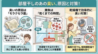 部屋干し臭の原因となるモラクセラ菌と、早く乾かすことの大切さを解説するイラスト。