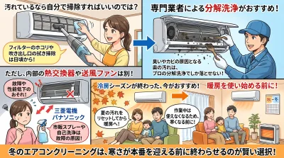 冬のエアコンクリーニングはプロの分解洗浄がおすすめ:簡易掃除と業者の洗浄の比較