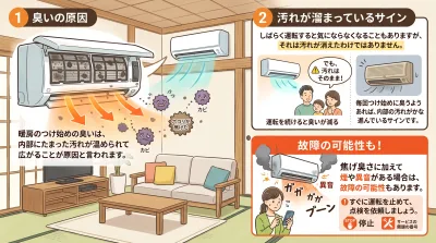 汚れたエアコンの臭いと故障の兆候を示す注意喚起イラスト