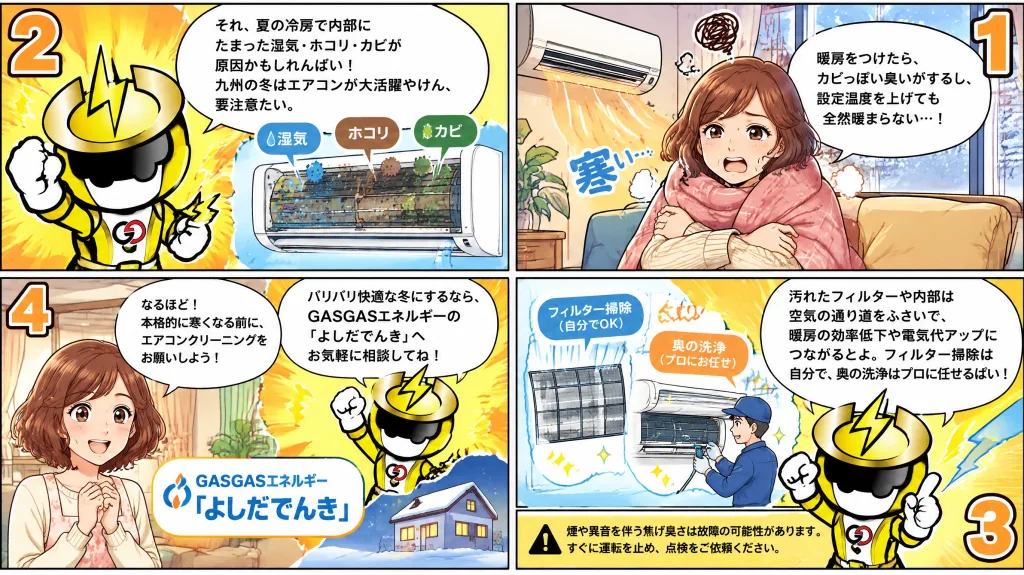 寒がる女性と汚れたエアコン、掃除方法を紹介する4コマ漫画