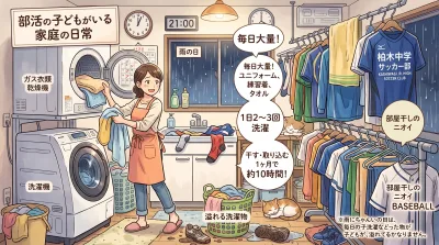 雨の夜、母親が部活着を洗濯する家庭のイラスト