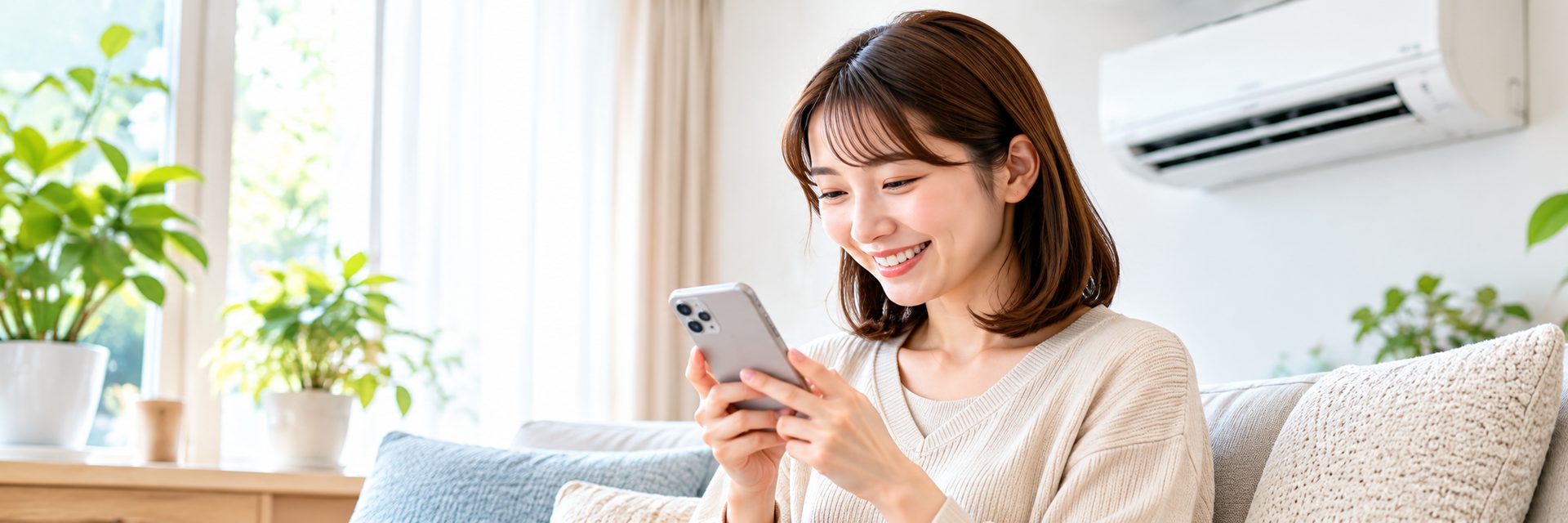 スマートフォンでエアコンクリーニングを相談するお客様